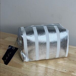 Silver and White Striped Cosmetic Bag